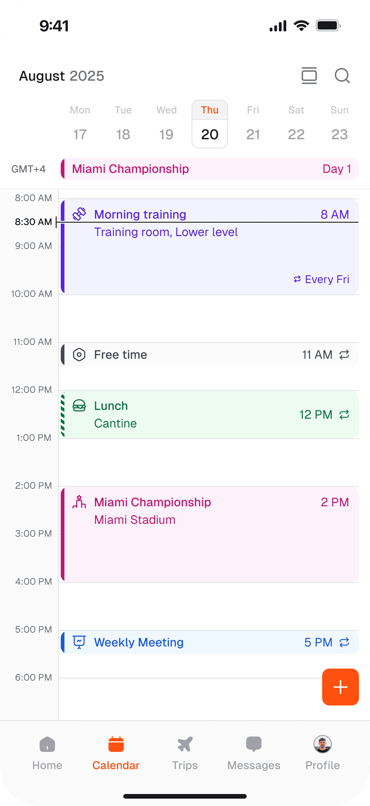 Calendar view showing daily schedule with color-coded events, facility bookings, and recurring events