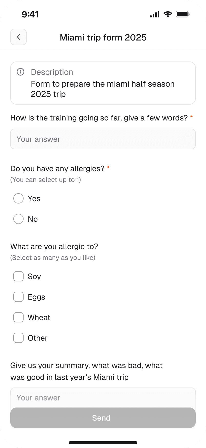 Custom form interface with text inputs, radio buttons, checkboxes, and form validation