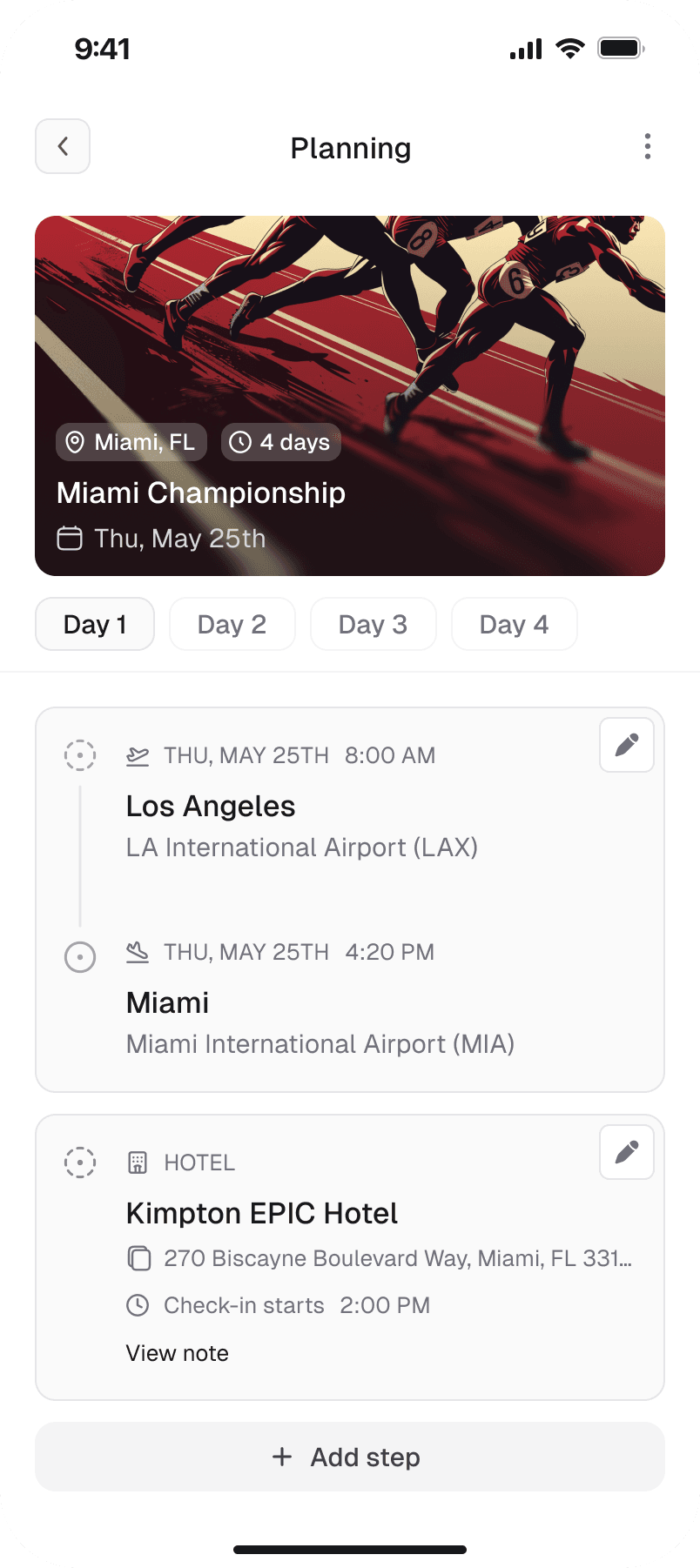 Trip planning interface showing day-by-day itinerary with flights, hotels, and activity timeline
